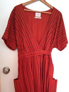 Urban Outfitters Linen Wrap Dress Long Striped Burnt Orange/Black